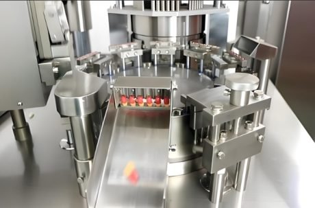 High-speed automatic labeling machine in operation for bottles