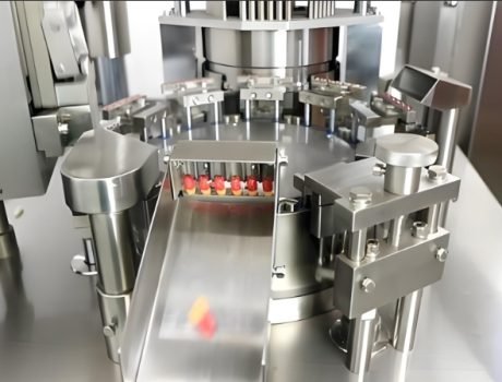 High-speed automatic labeling machine in operation for bottles