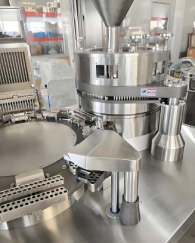 Capsule filling system with rotating drum for precise capsule production.