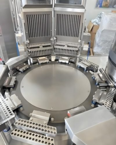 Pharmaceutical capsule production line with sorting and filling stations.