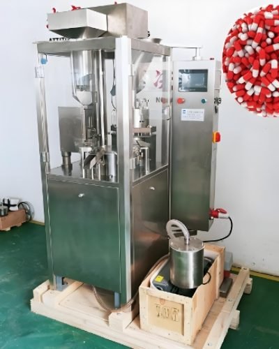 Capsule filling machine with multiple parts for efficient production.