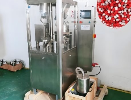 Capsule filling machine with multiple parts for efficient production.