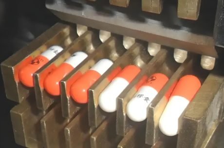 Filling machine with capsules being sorted and moved along a conveyor system.