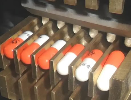 Filling machine with capsules being sorted and moved along a conveyor system.