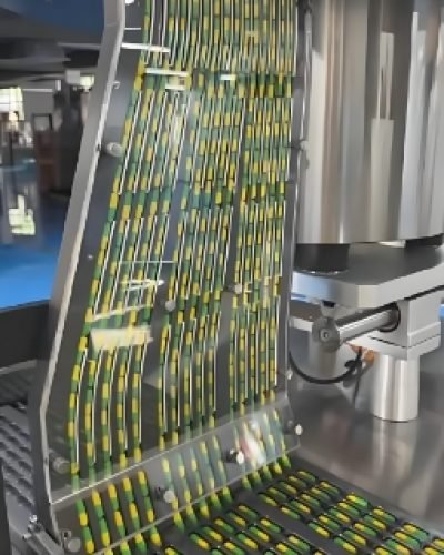 Pharmaceutical capsules on a conveyor belt moving through production.