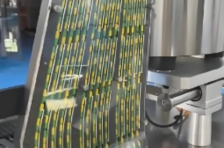 Pharmaceutical capsules on a conveyor belt moving through production.