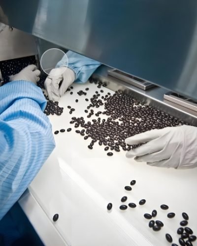 Close-up of capsules moving through a pharmaceutical packaging system.