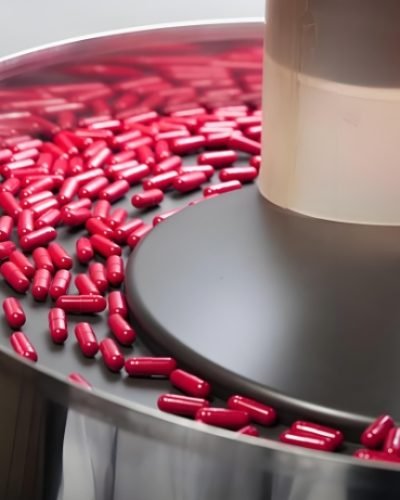 Pharmaceutical capsule production line with automated sorting and filling systems.