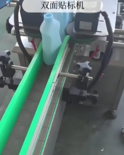 Close-up of an automated labeling machine with a digital interface.