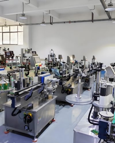 Automated labeling machines in a large-scale production facility.