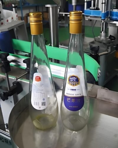 Bottles being labeled by a Labeling Machine on a production line, "Mango Juice" text visible.