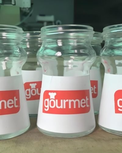Glass containers labeled "gourmet" using a labeling machine.