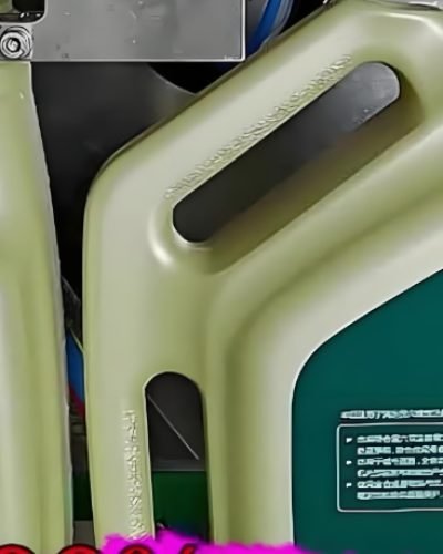 Close-up of an automatic liquid filling machine dispensing liquid into containers.