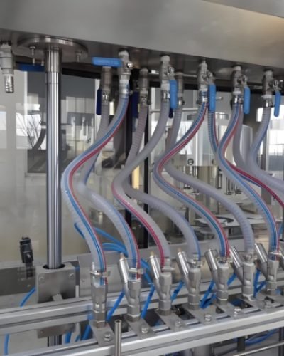 Automatic liquid filling machine with multiple nozzles, ready for bottling production.
